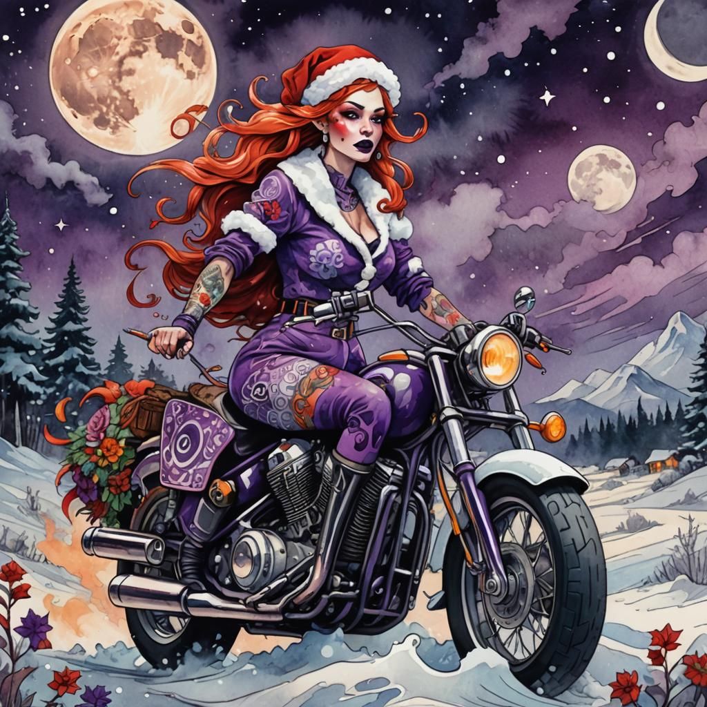Mrs. Claus Rides Chopper in Vibrant Street Art Style