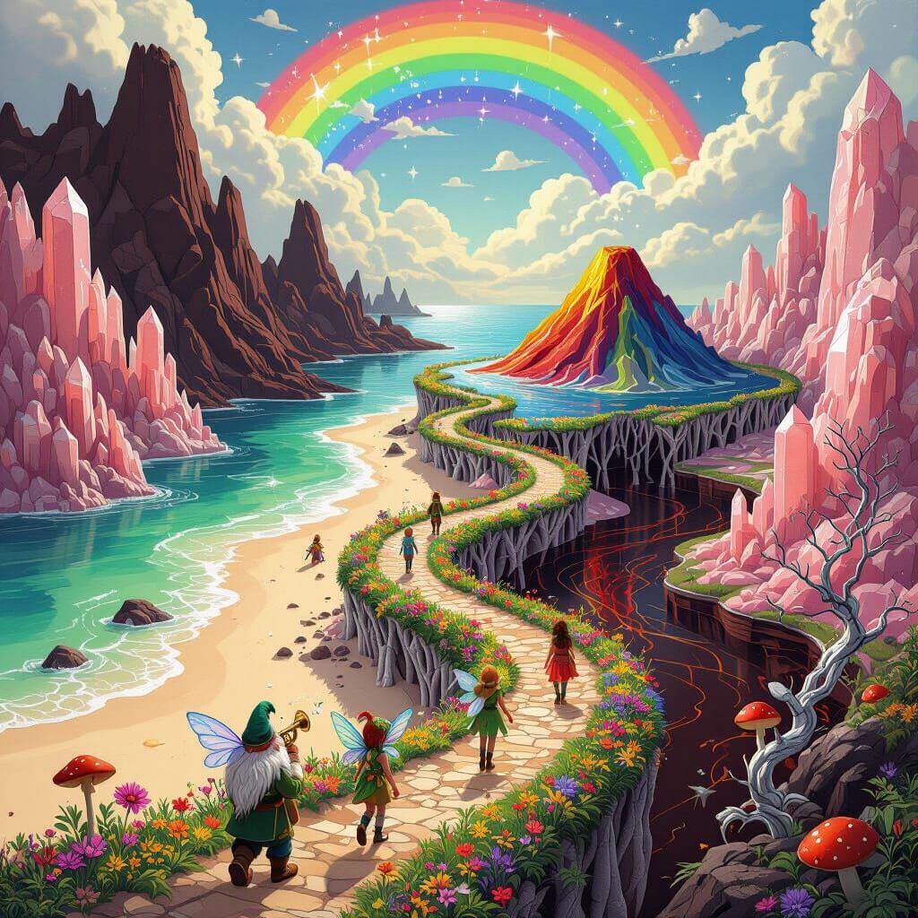 Fantasy City Landscape with Rainbow Sky and Fairy Tale Chara...