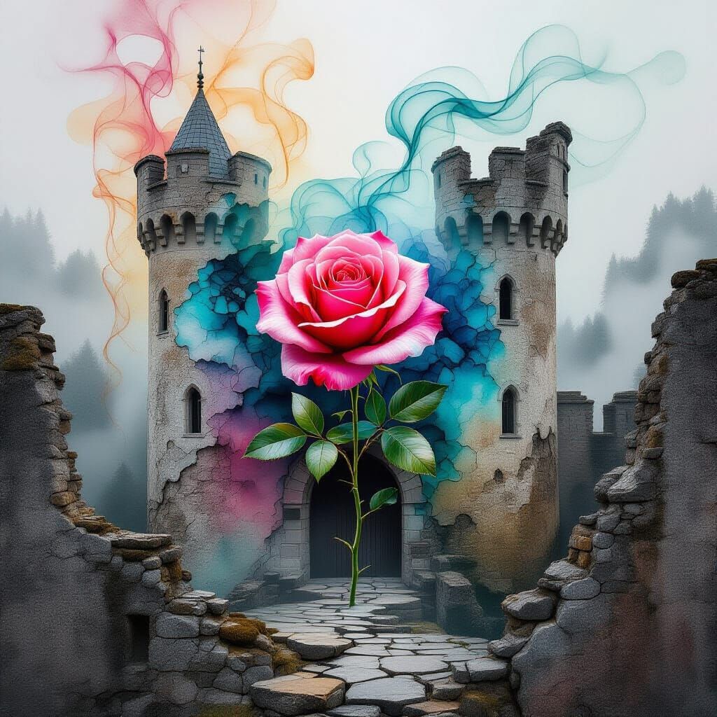 Surreal Rose Blooms from Ancient Castle Facade