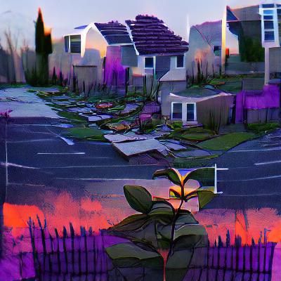 Overgrown Abandoned Suburbia at Violet Sunset
