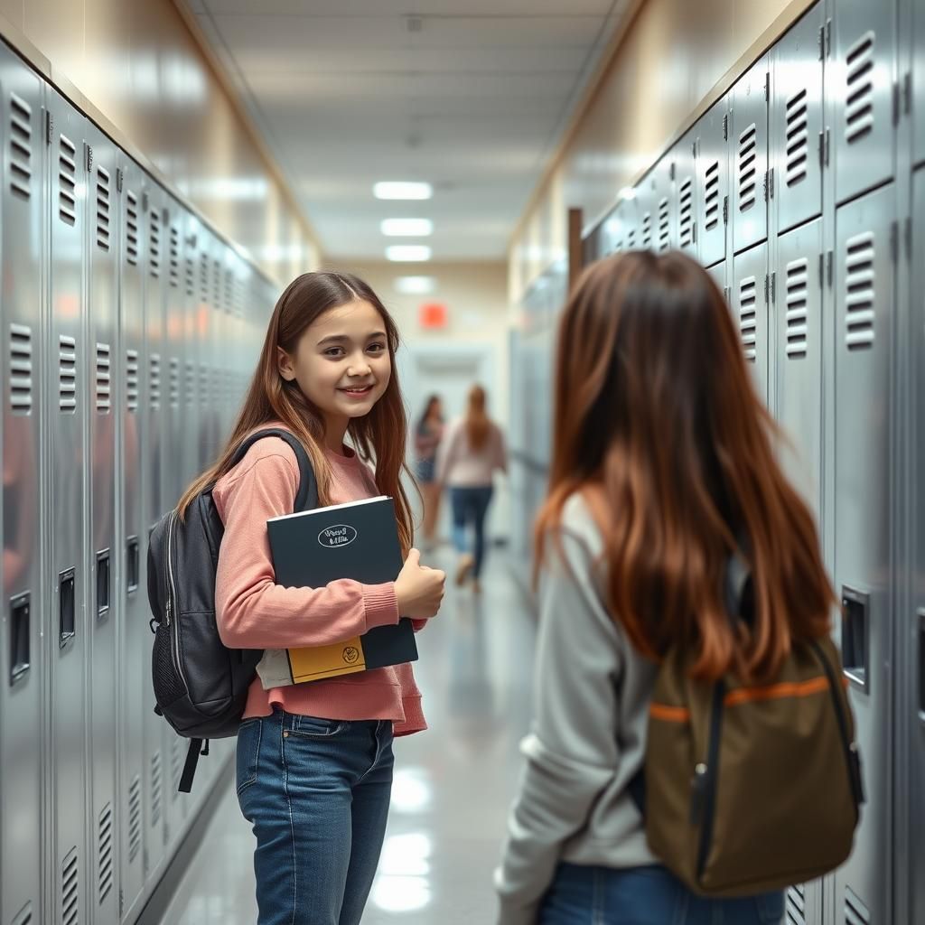 Girl Nervously Smiles in School Hallway Chat