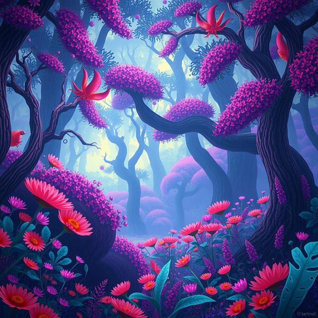 Enchanting Neon Purple Forest with Fantasy Creatures