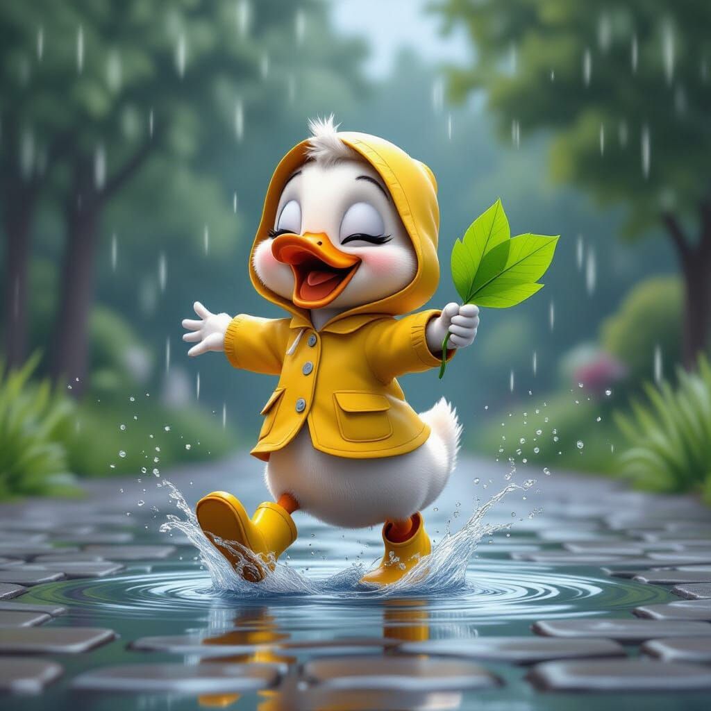 Joyful Duckling Leaping in Puddle, Pixar CGI Style