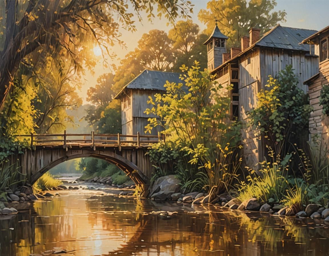 Rustic Bridge Oil Painting in Golden Hour Light