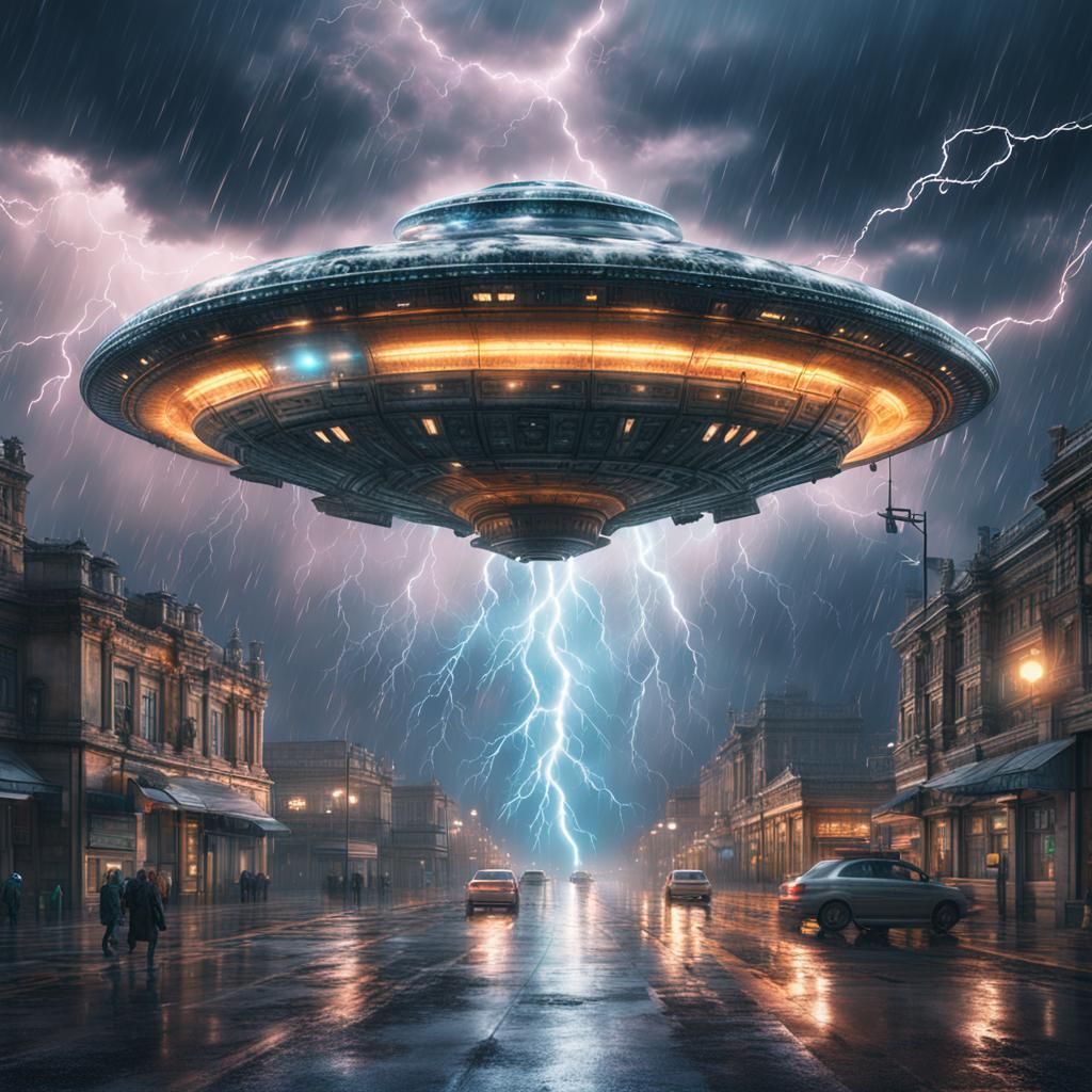 UFO in Thunderstorm: Detailed Digital Matte Painting