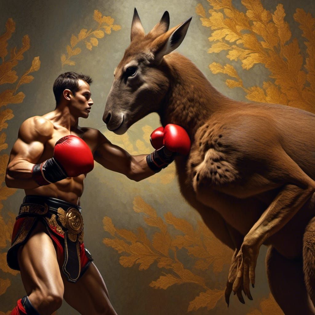 Centaur vs Kangaroo Boxing Match in Klimt Style