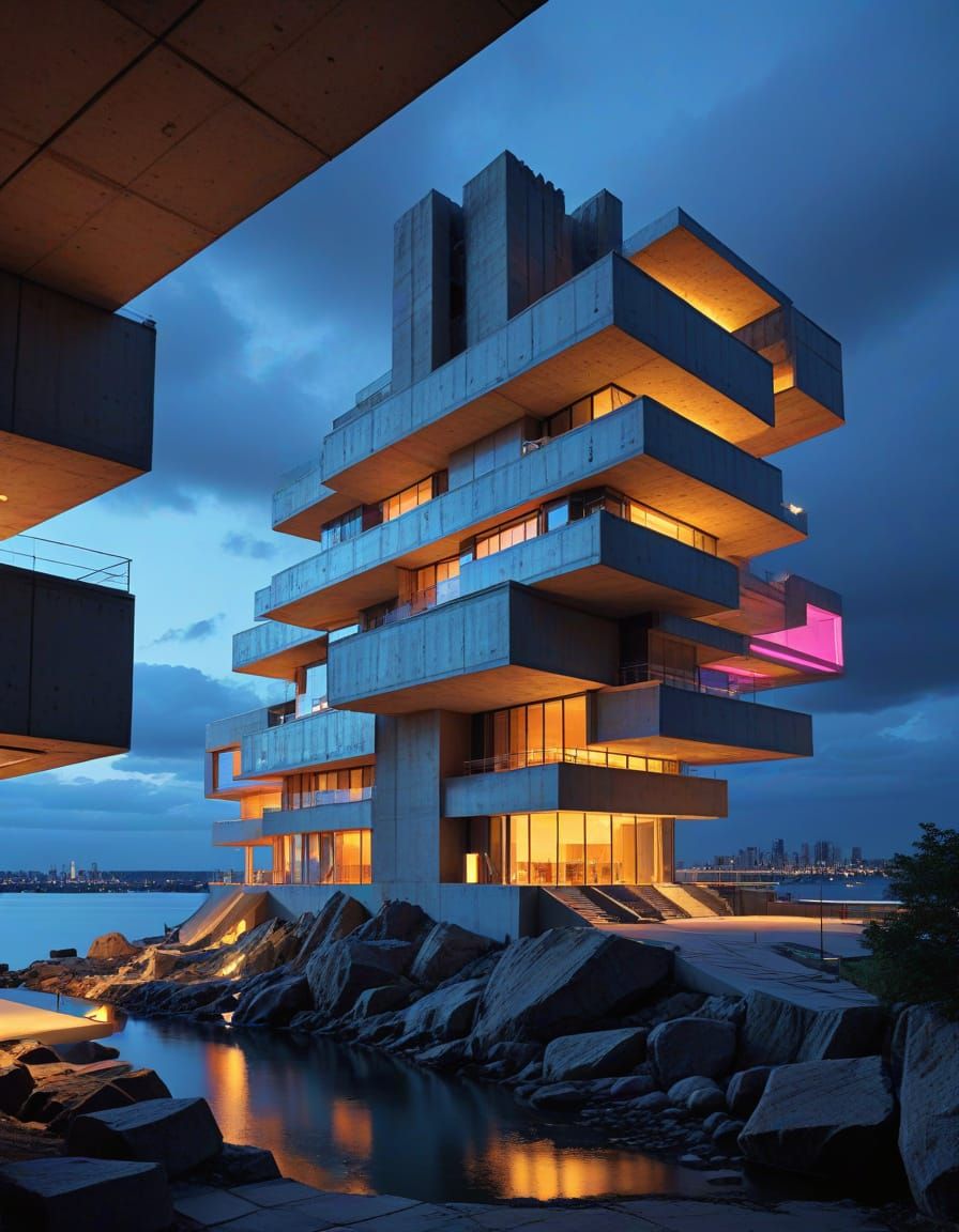 Futuristic Brutalist Architecture in Cyberpunk Style