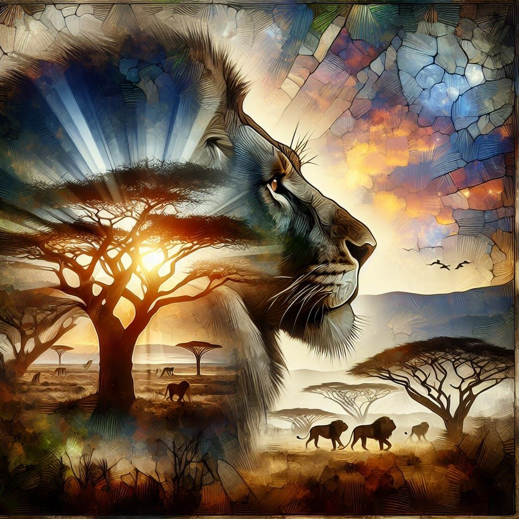 Lion in Stained Glass Savanna Double Exposure