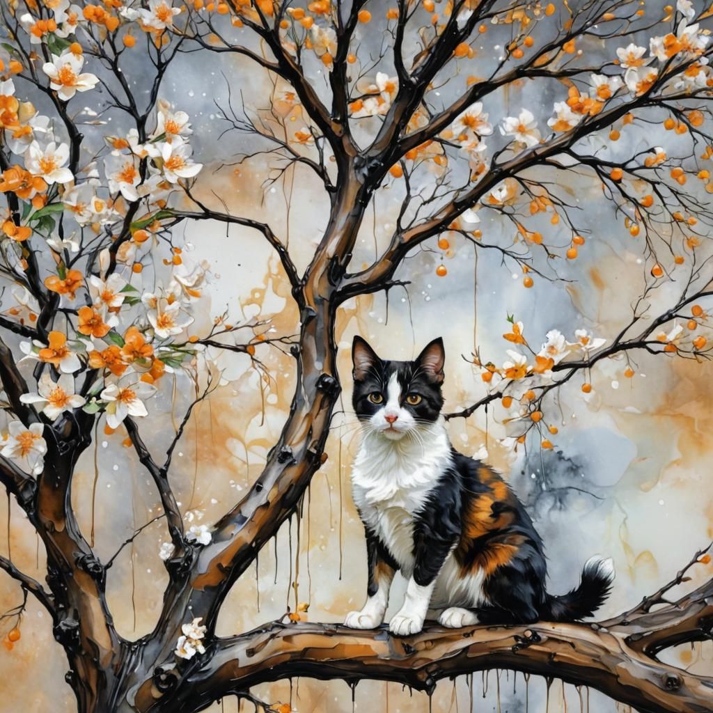 Kitten in Blossom Tree: Surreal Alcohol Ink Scene