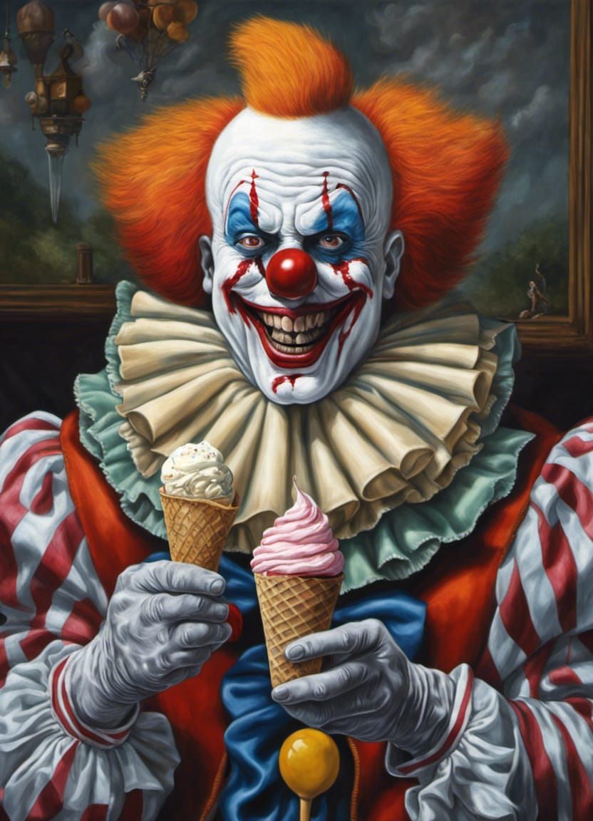 evil clown, offering an icecream