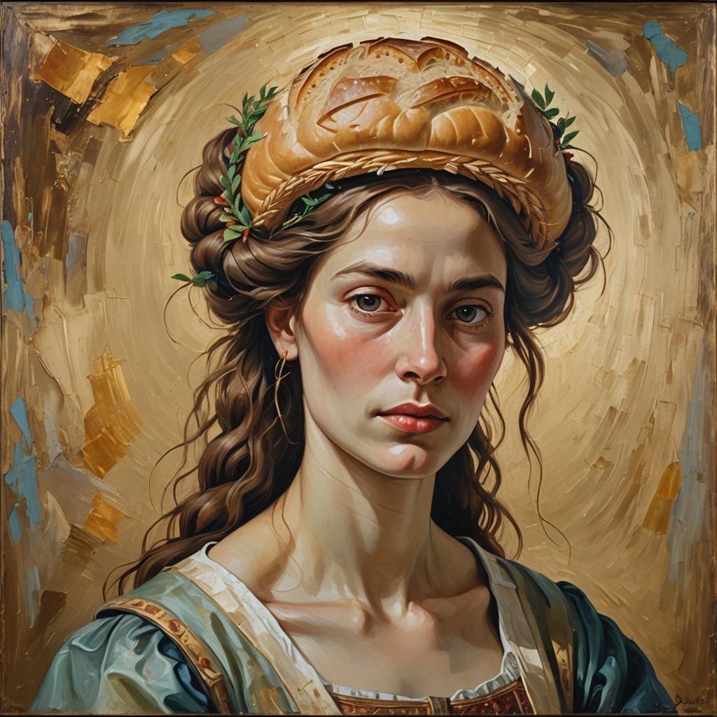 Surreal Portrait: Woman with Bread Hair, Impasto Oil