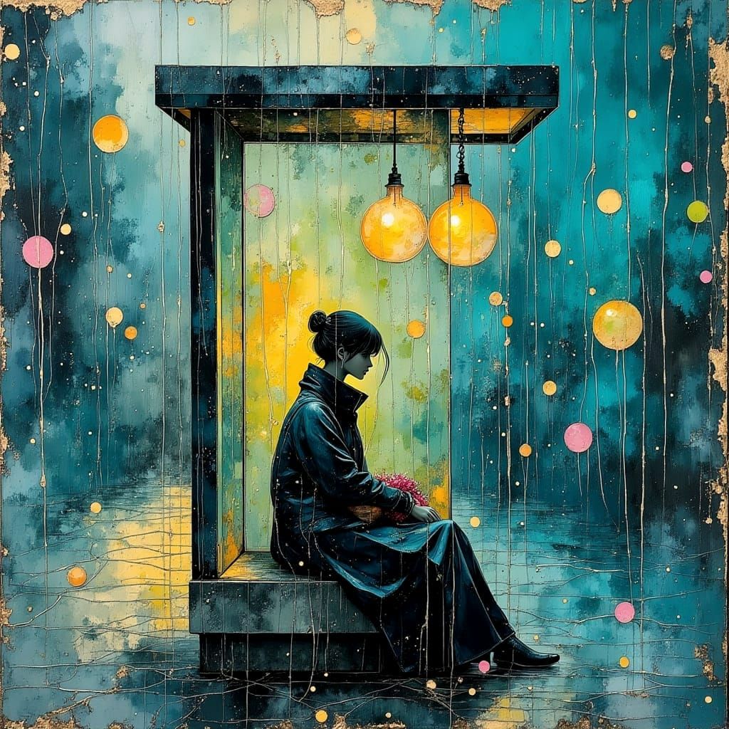 Rainy Day Bus Stop: Impasto Oil Painting