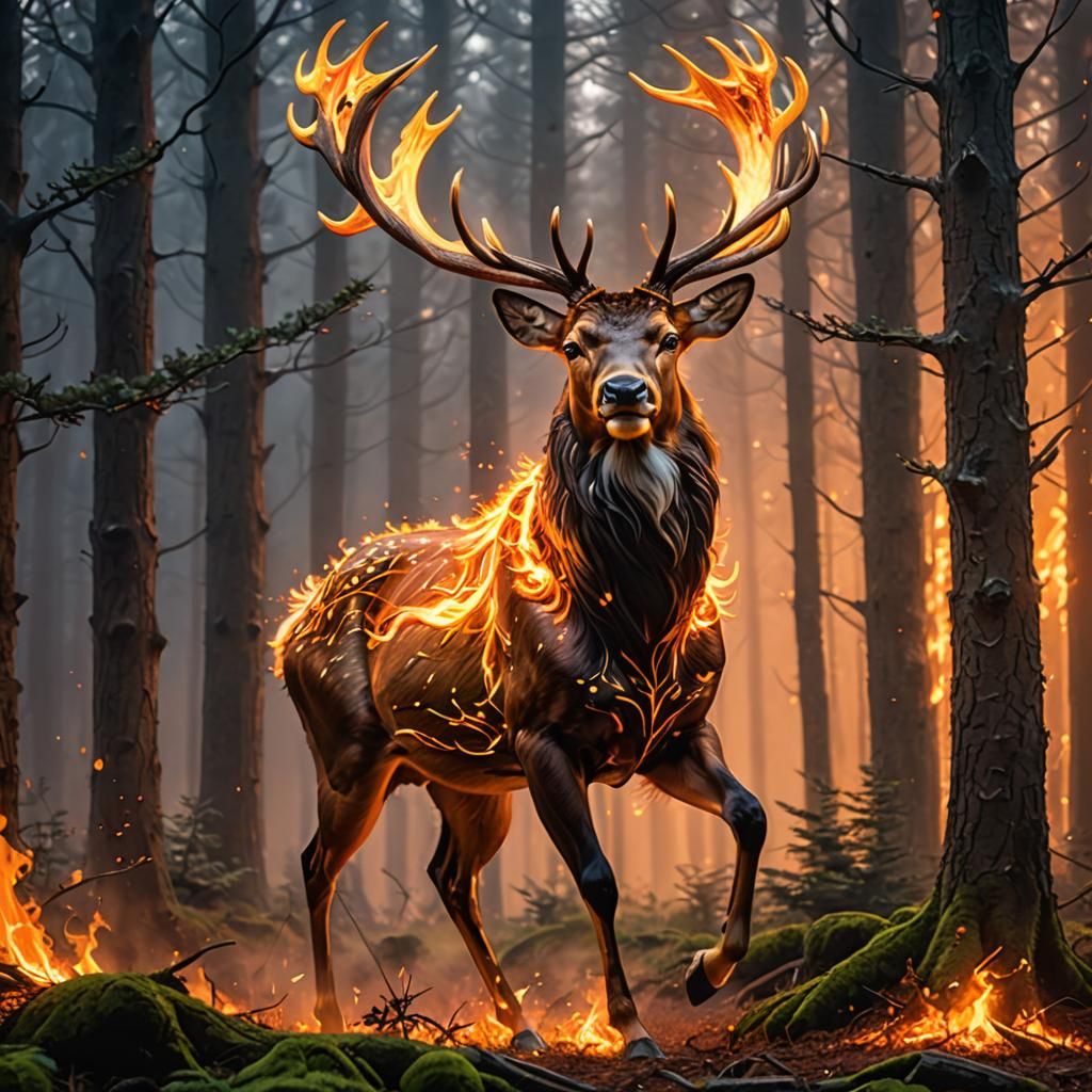 Flaming Stag Galloping Through Fiery Forest