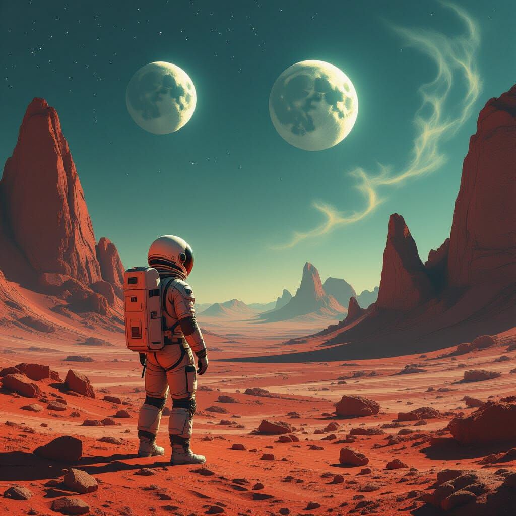 Astronaut on Alien Planet with Twin Moons