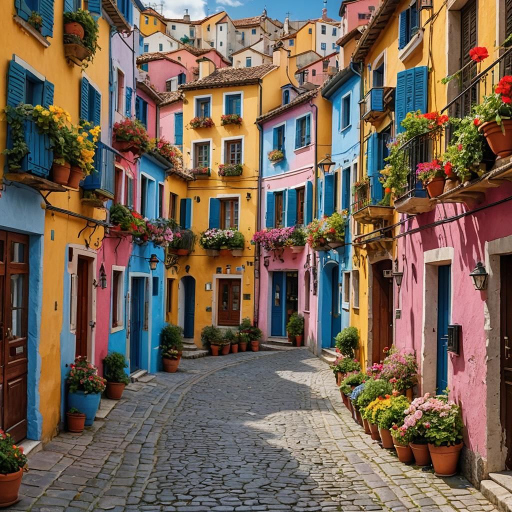 Charming Colorful Village Street Scene