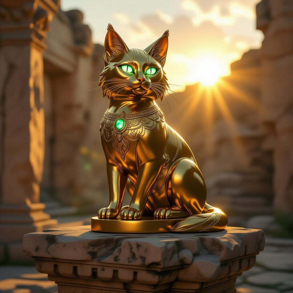 Golden Cat Statue with Emerald Eyes on Pedestal