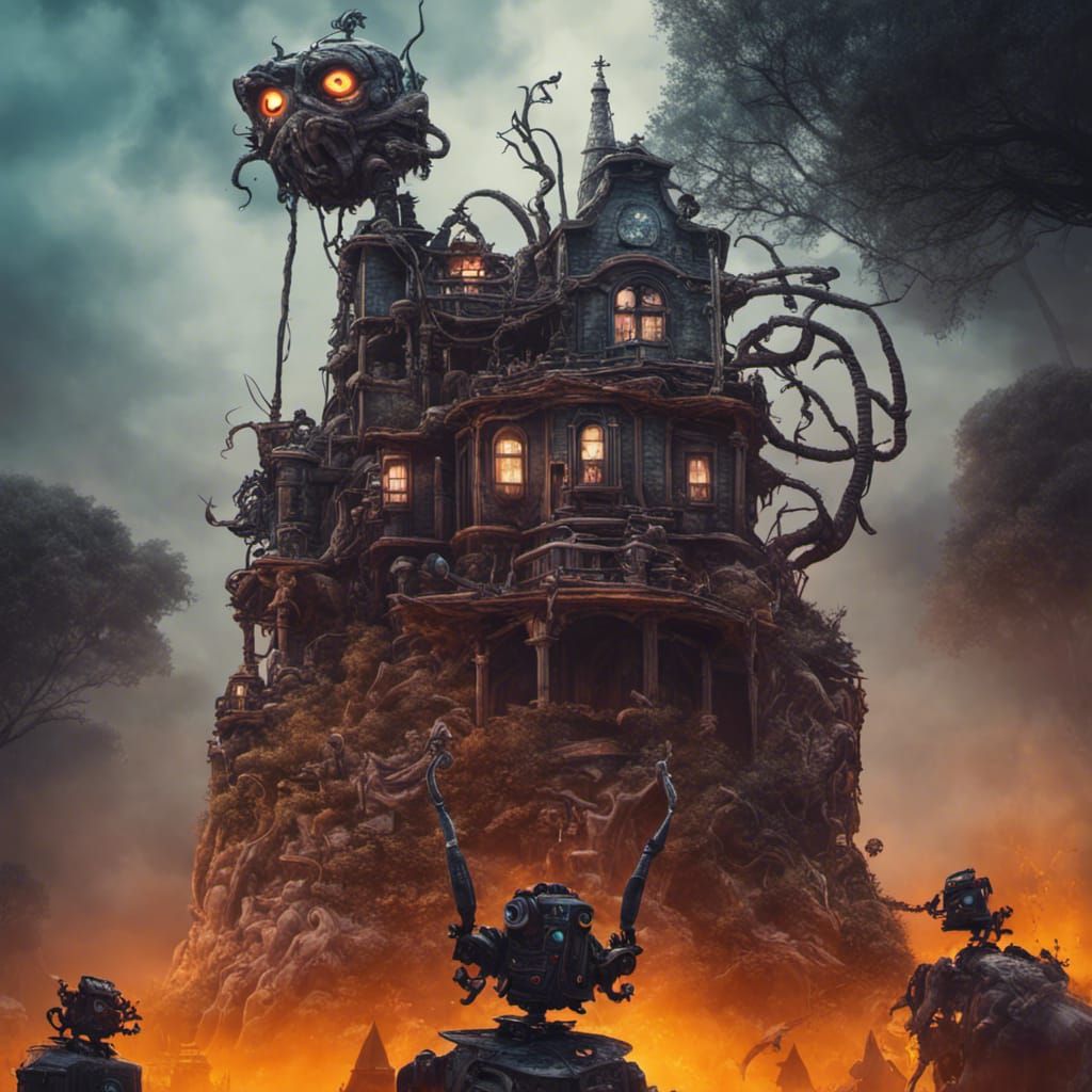 Gothic Monster Robots in Retro Village, Digital Art