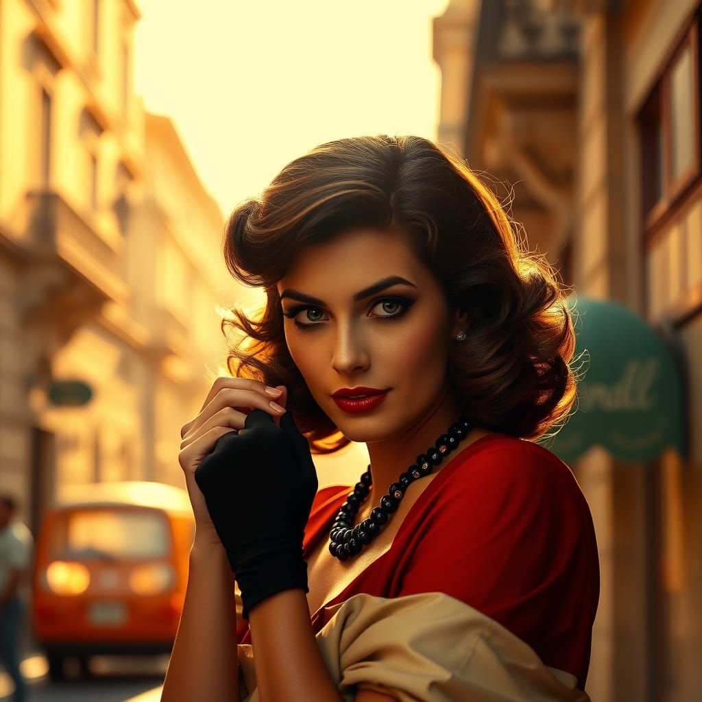 Sofia Loren in Elegant 1940s Italian Street Portrait
