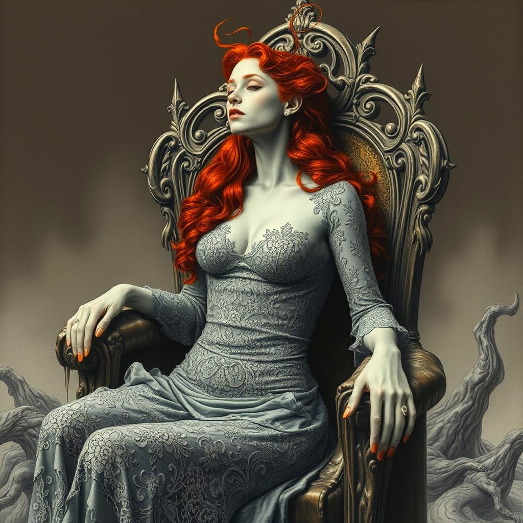 Hyperdetailed Surreal Charcoal Drawing of Red Hair