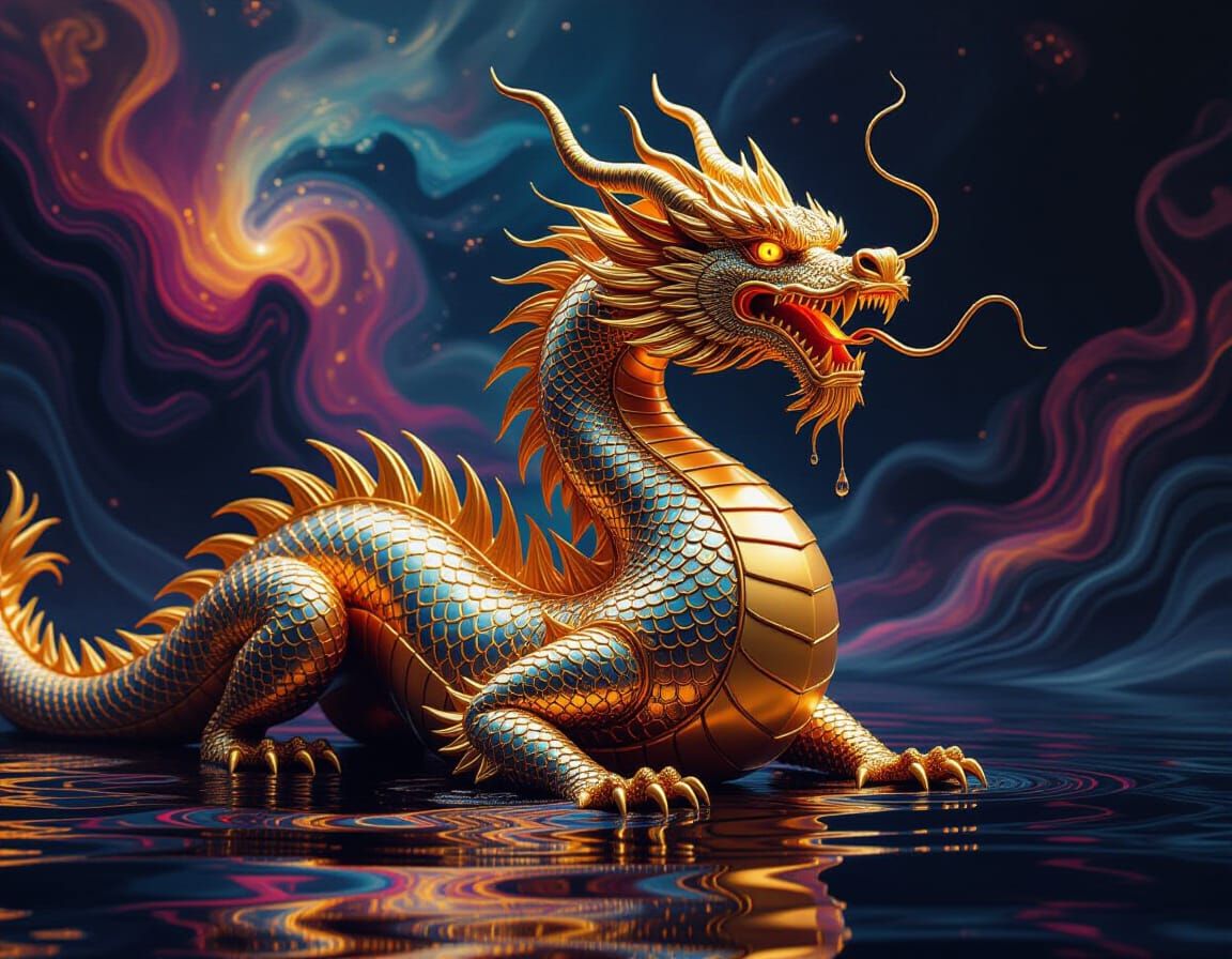 Majestic Liquid Gold Dragon Roaring in Nebula Landscape