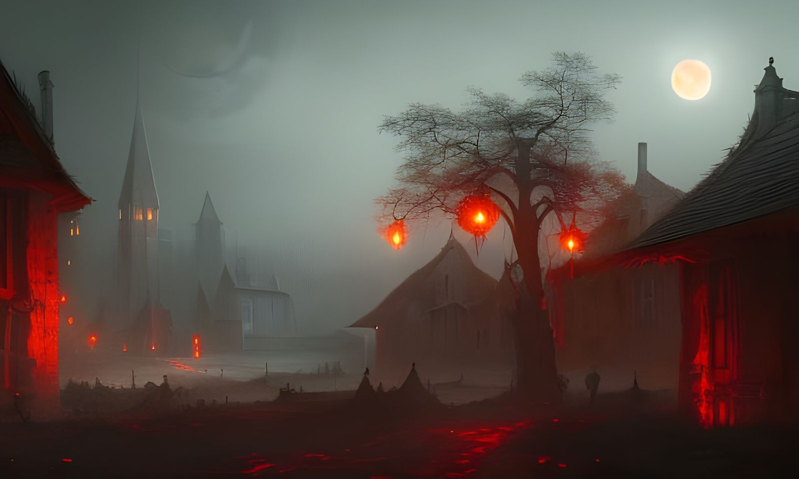 Haunted Village Under Blood Moon in Dark Fantasy Art