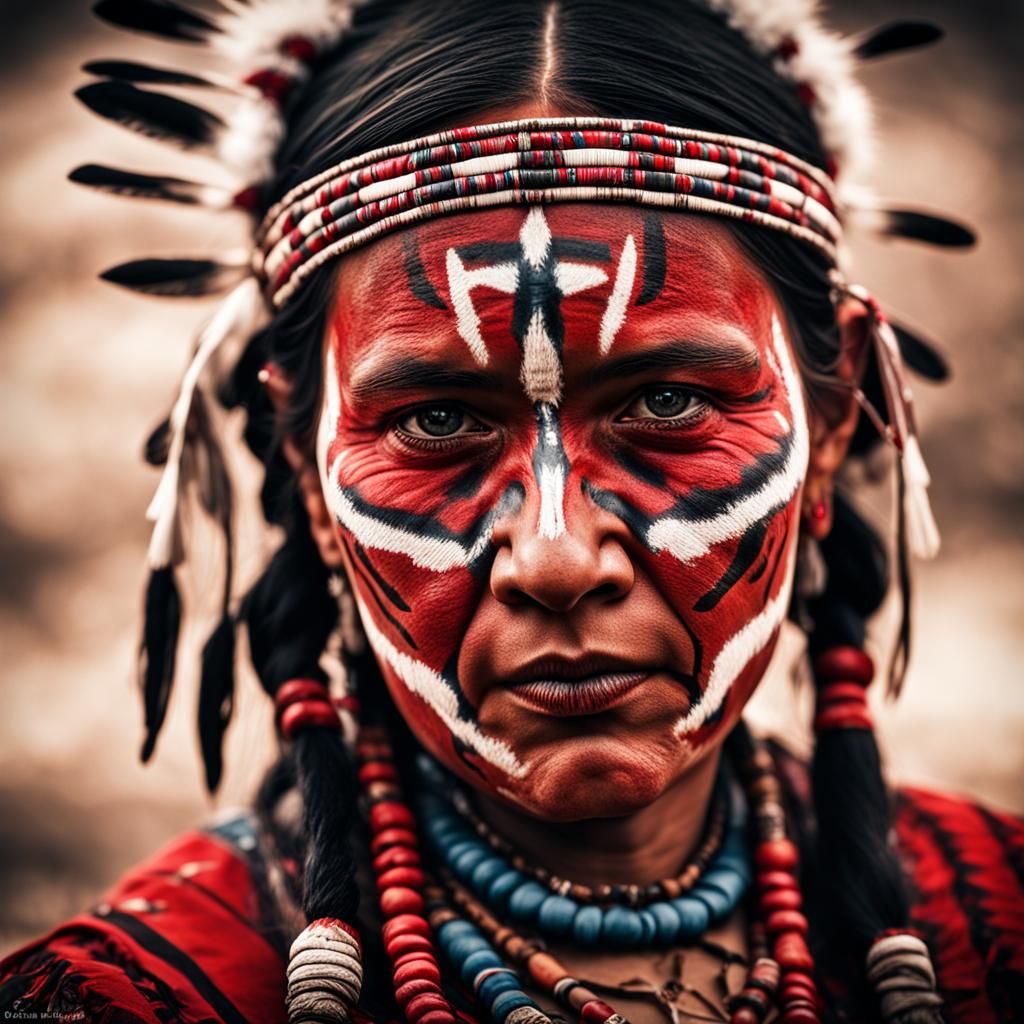 Stern Native Woman with Red Handprint Facepaint