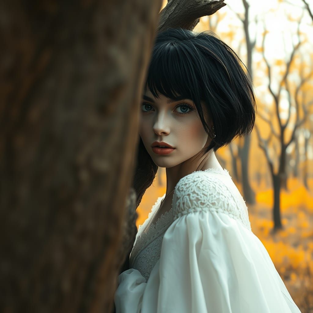 Ethereal Woman Peeks Out from Behind a Twisted Tree in a Bar...