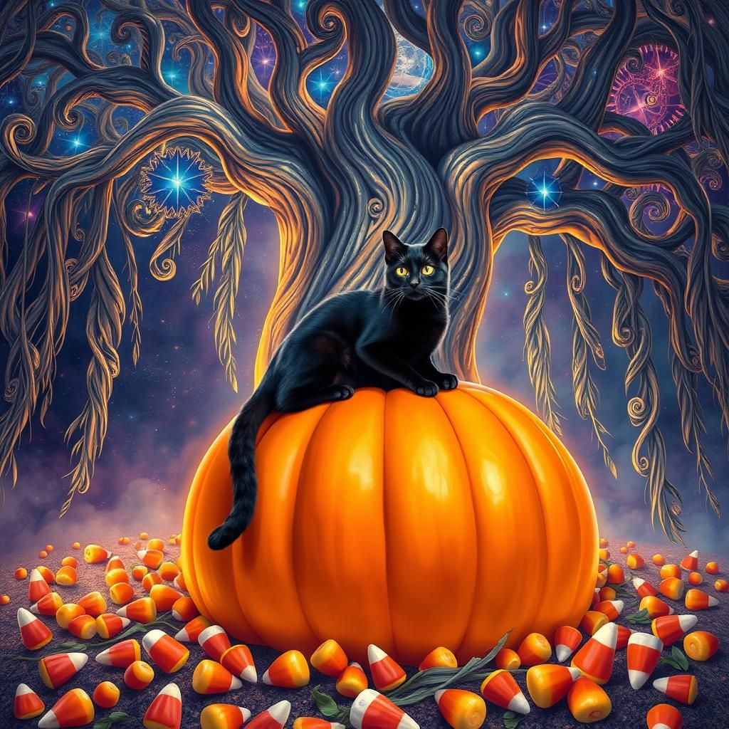 Cosmic Cat on Pumpkin: A Visionary Digital Painting
