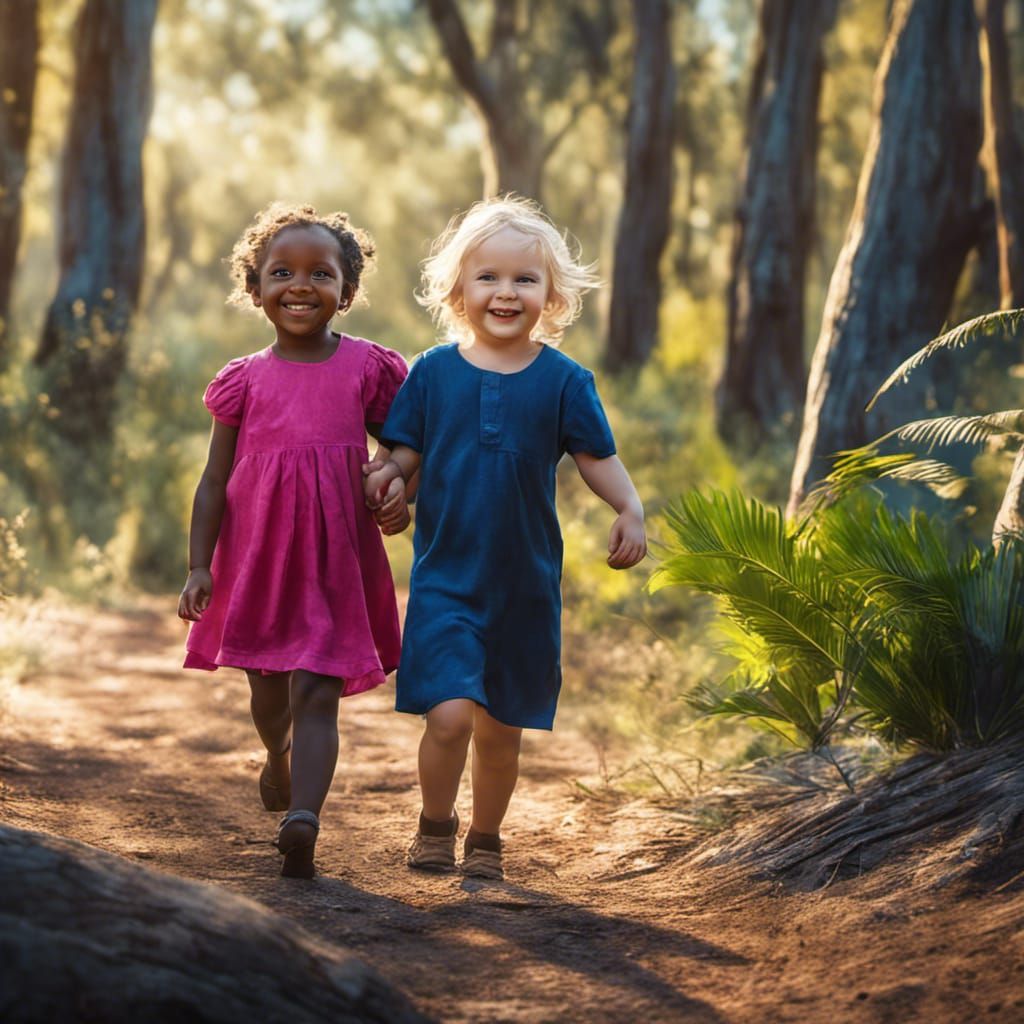 Two Toddler Best Friends Walking in the Bush