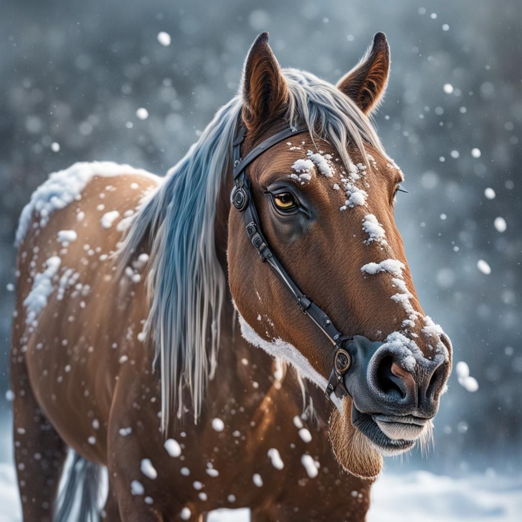 Hyperrealistic Horse in Snow: Splash Art Concept