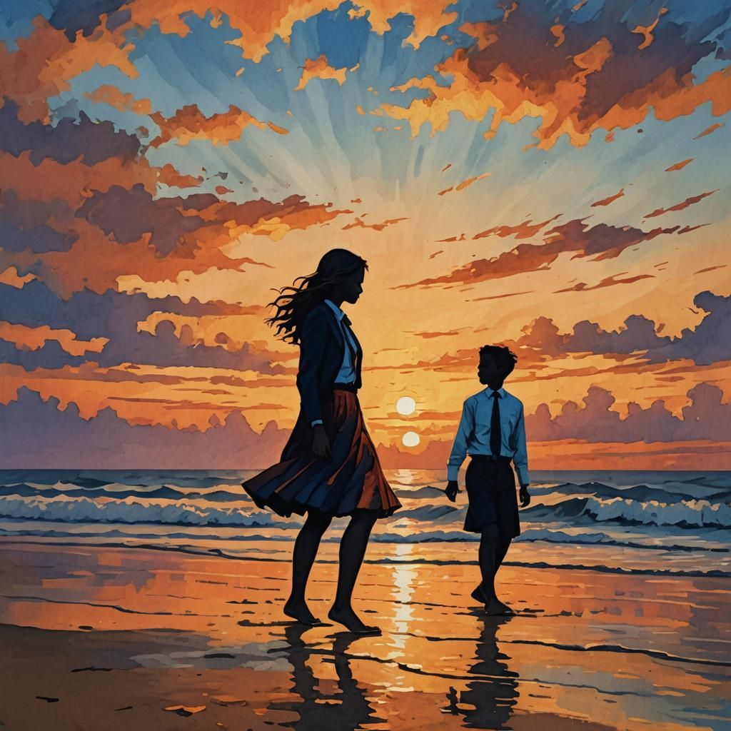 Sunset Silhouettes on the Beach in Low-Poly Art