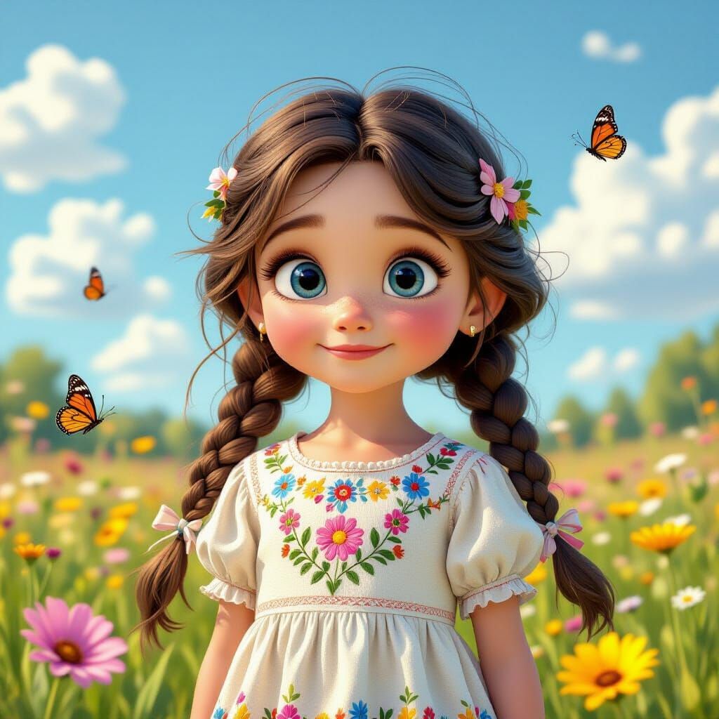 Girl in Wildflower Meadow in 3D Animated Style