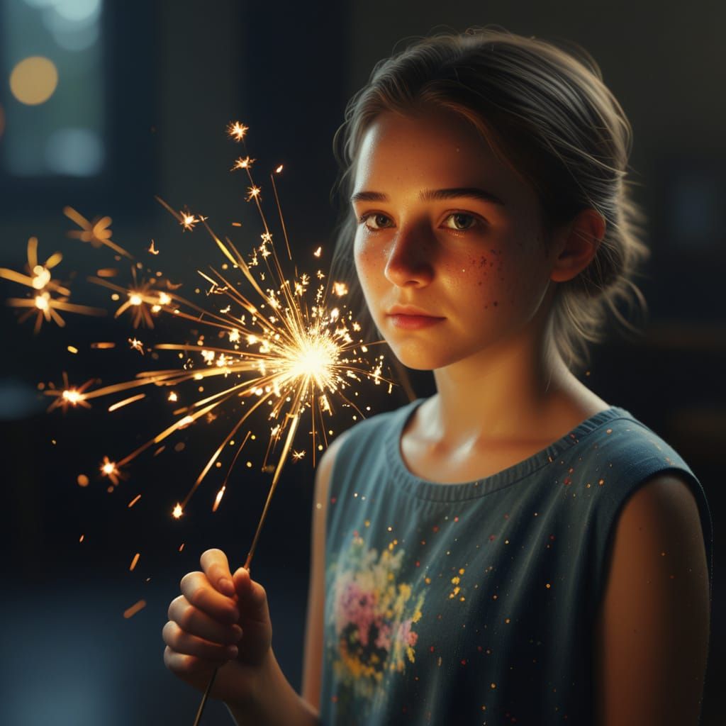 Girl Painting with Sparkler in Warm Studio Light