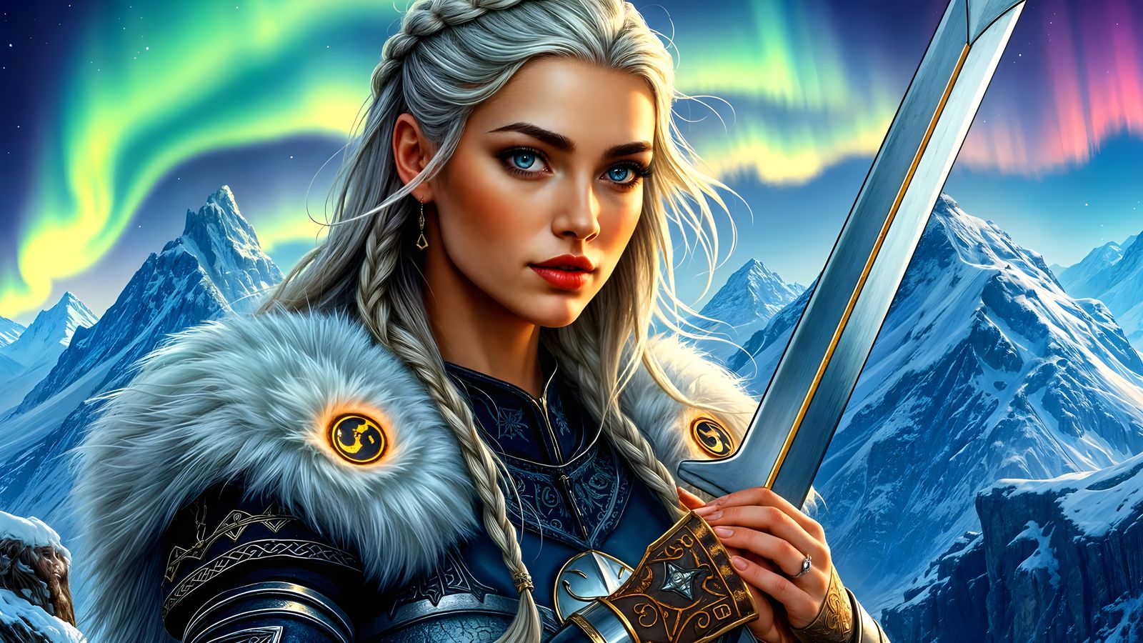 Viking Warrior Goddess on Windswept Cliff in Glowing Light