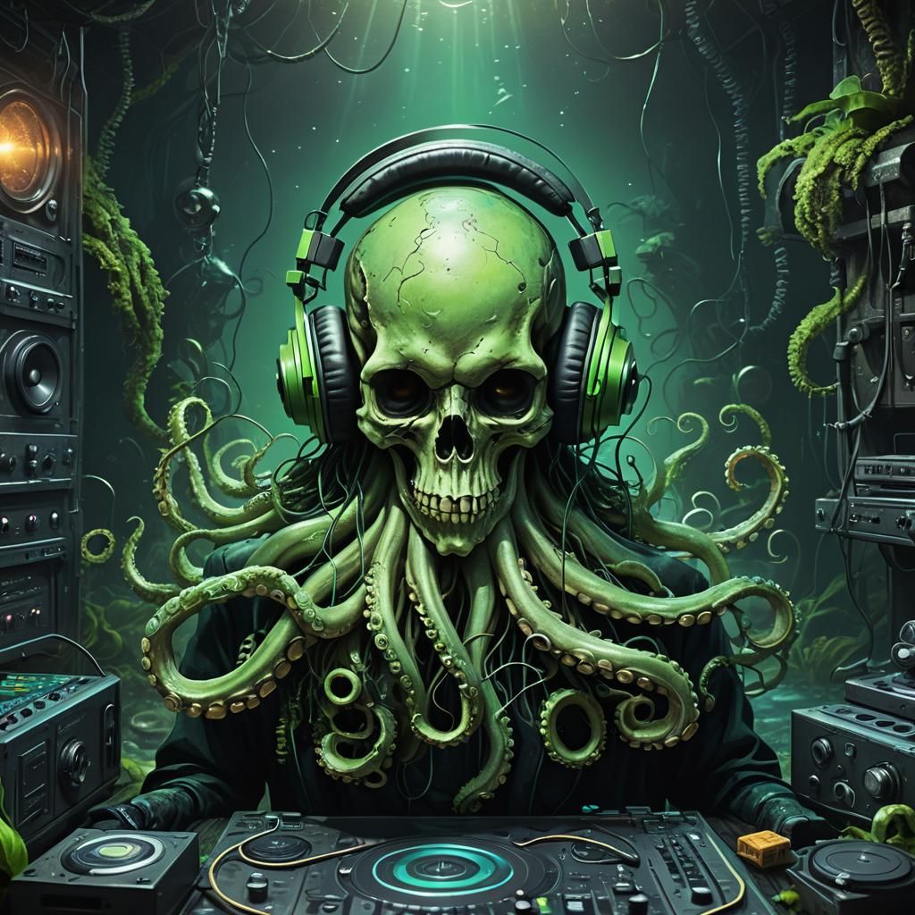 Skull Octopus DJ in Underwater Lair