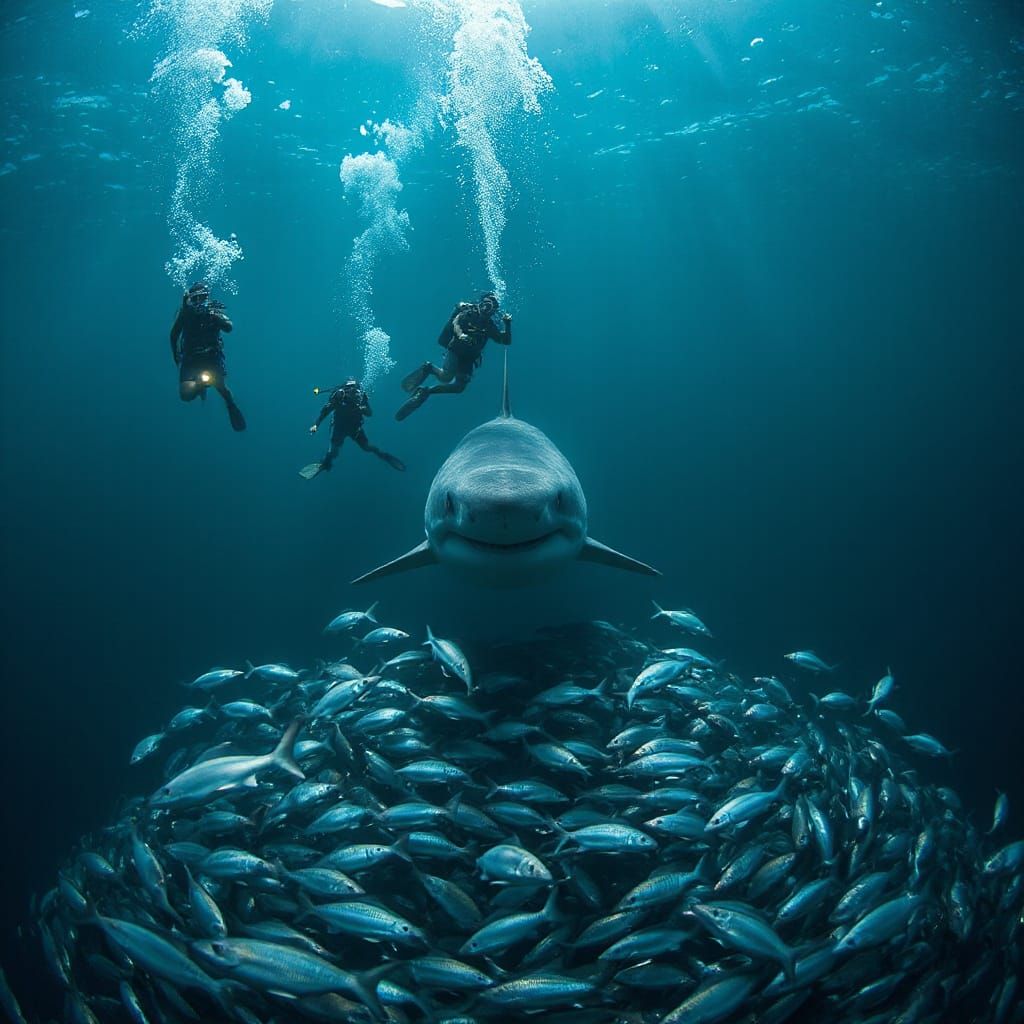 Colossal Shark Hunts Fish Underwater with Unaware Divers
