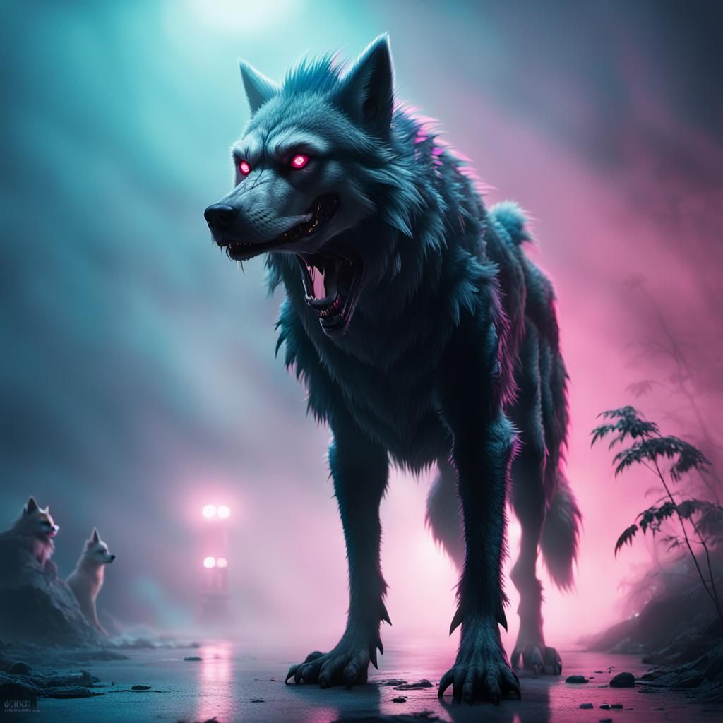 Anime Werewolf with Neon Eyes in Fog