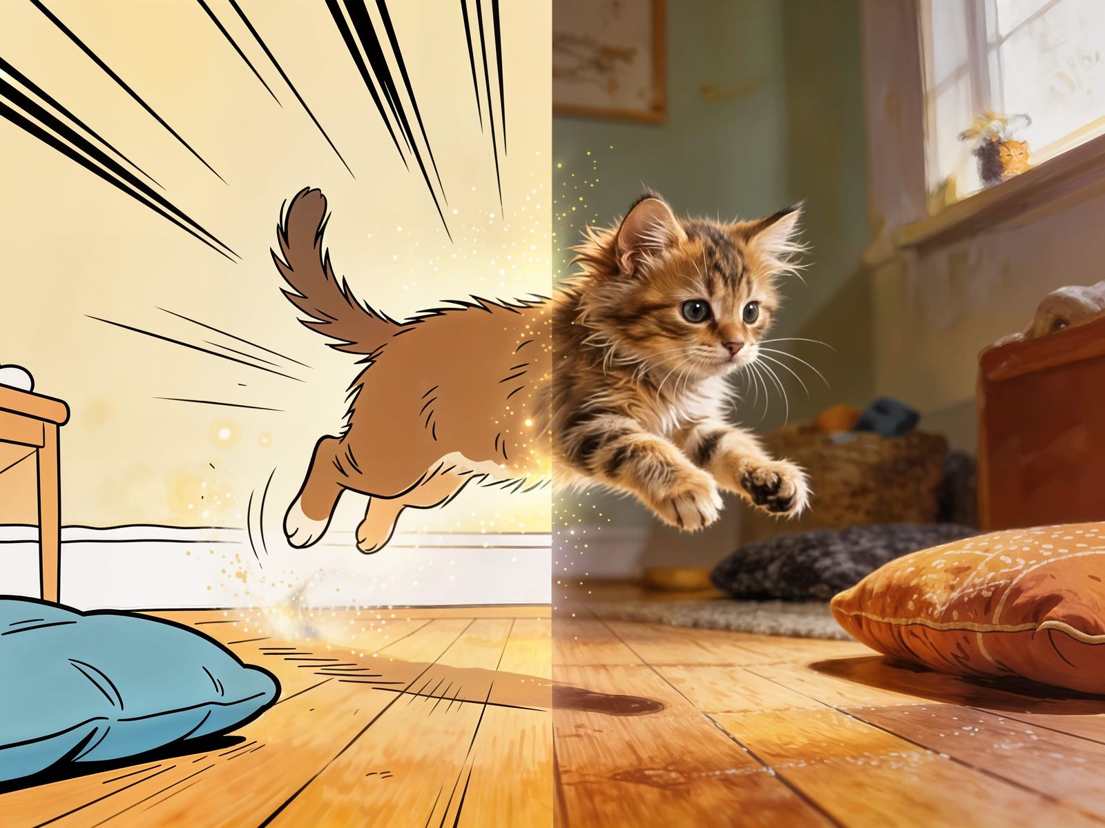 Kitten Leaping Between 2D and 3D Worlds