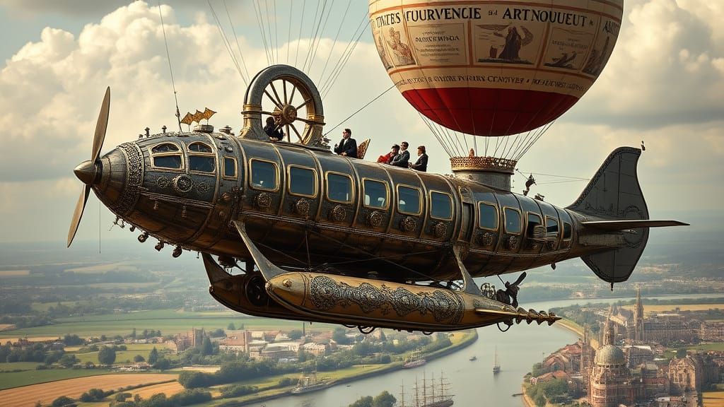 Steampunk Eel Aircraft with Hot Air Balloon Over English Cou...