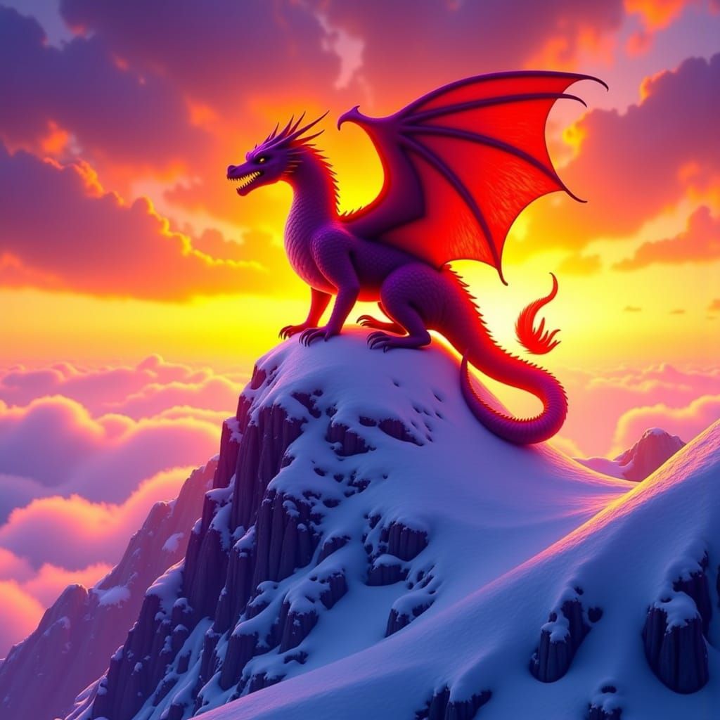 Red Dragon on Snowy Peak at Sunset Digital Painting