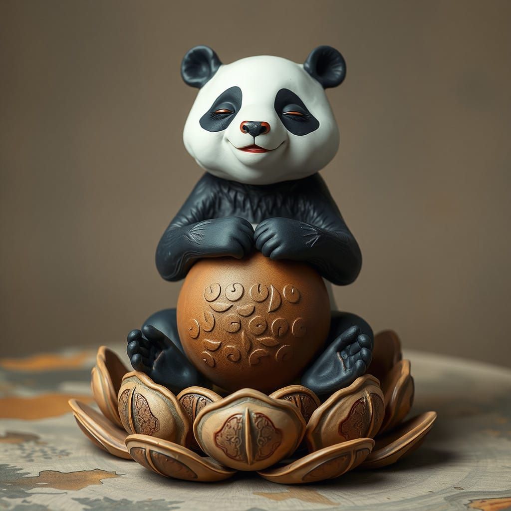 Serene Panda Meditating on a Lotus Platform in Whimsical Fol...