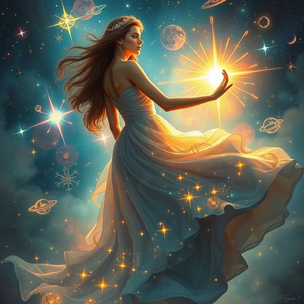 Celestial Woman in Starscape, Digital Painting Style