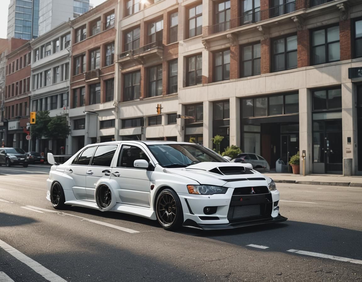White Mitsubishi Lancer Evo 8 on City Street