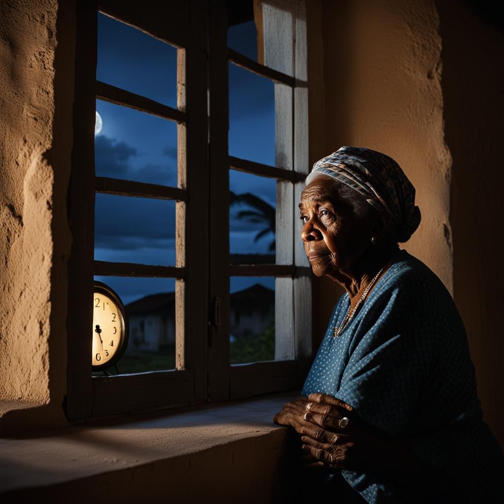 Worried Woman Gazing at Clock in Moonlight