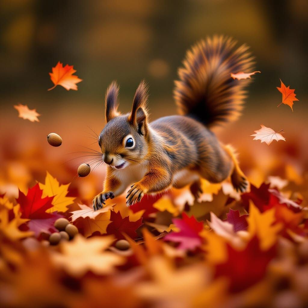 Red Squirrel Mid-Air Dive into Autumn Leaves