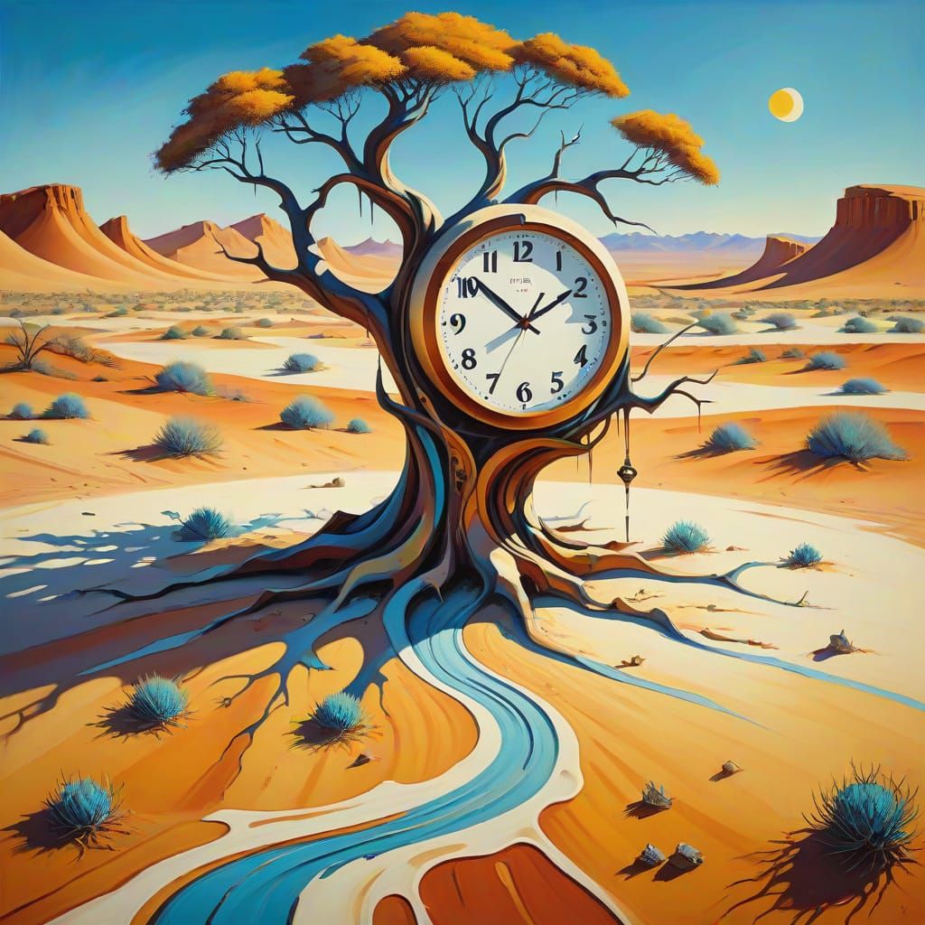 Surrealistic Scene: Melting Clock and Twisted Tree in Desert...