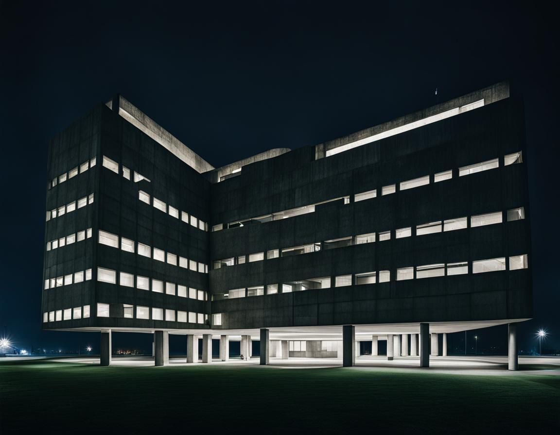 Brutalist Concrete Administrative Building at Night