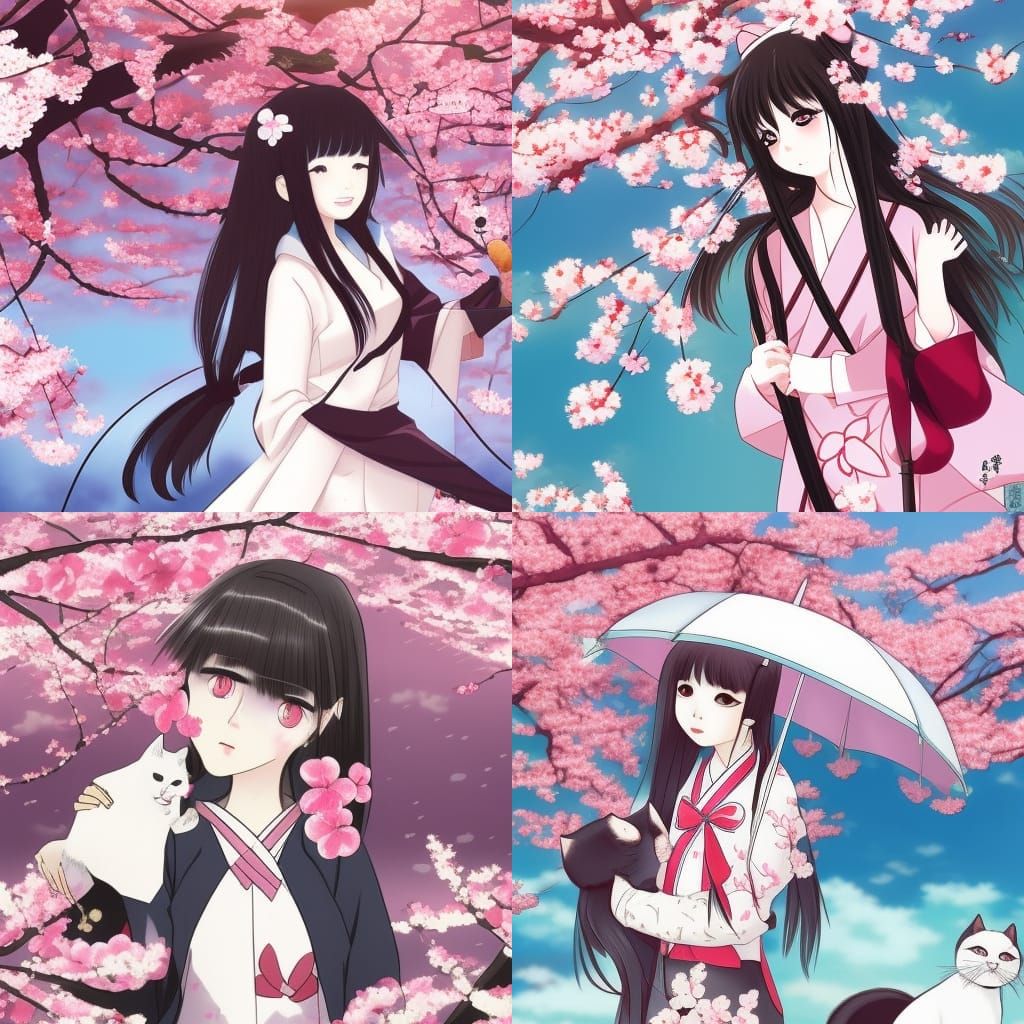 Anime Girl with Cat and Cherry Blossoms