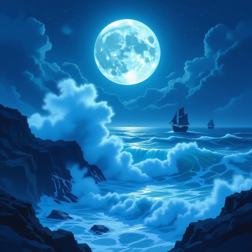 Colossal Moonlit Waves Crash on Jagged Coast