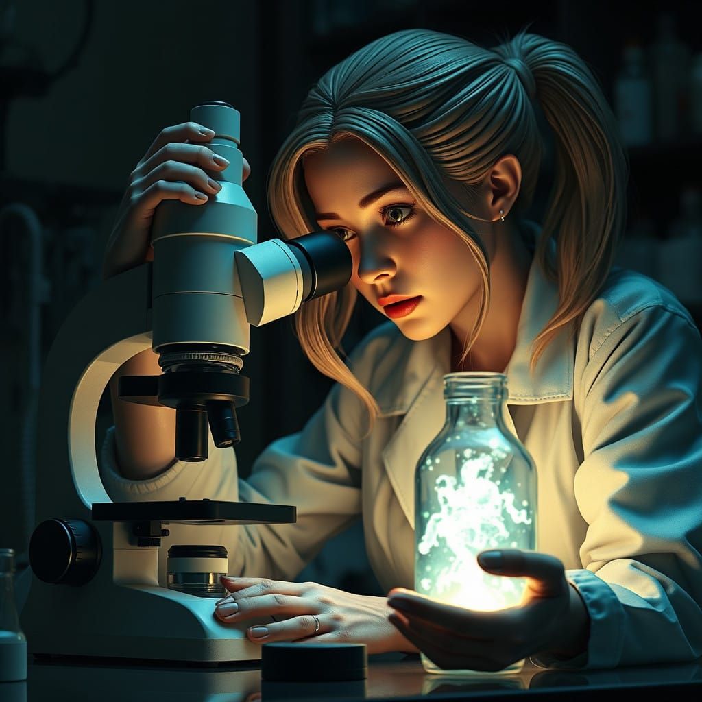 Woman Transformed by Luminous Elixir in Lab, Inspired by Fan...